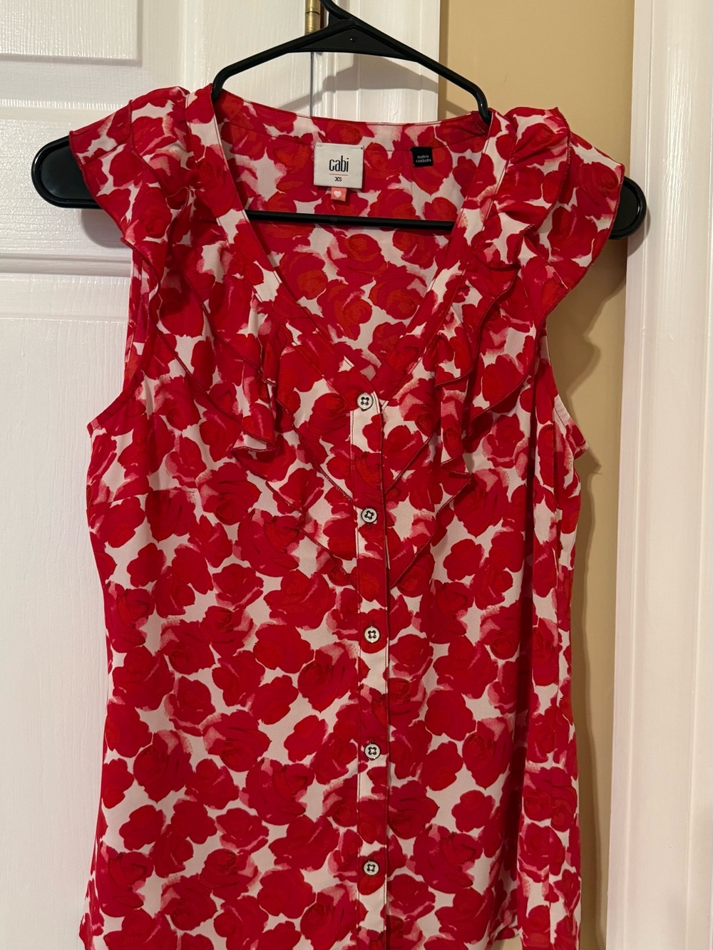 CAbi Red and White Floral Ruffle Button-Front Blouse